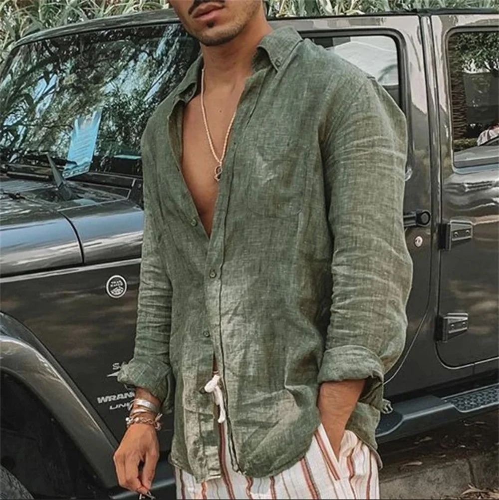 2023 Men Casual Cotton Linen ShirtsStanding Collar Male Solid Color Long Sleeves Loose Tops Spring Autumn Handsome Men's Shirts