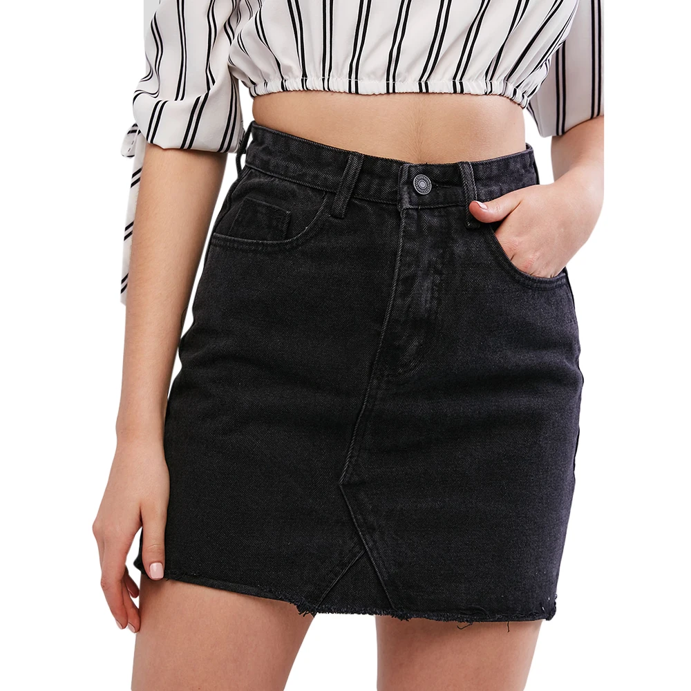 ZAFUL сырой Подол мини карман джинсовая юбка для женщин подол приталенный плотный