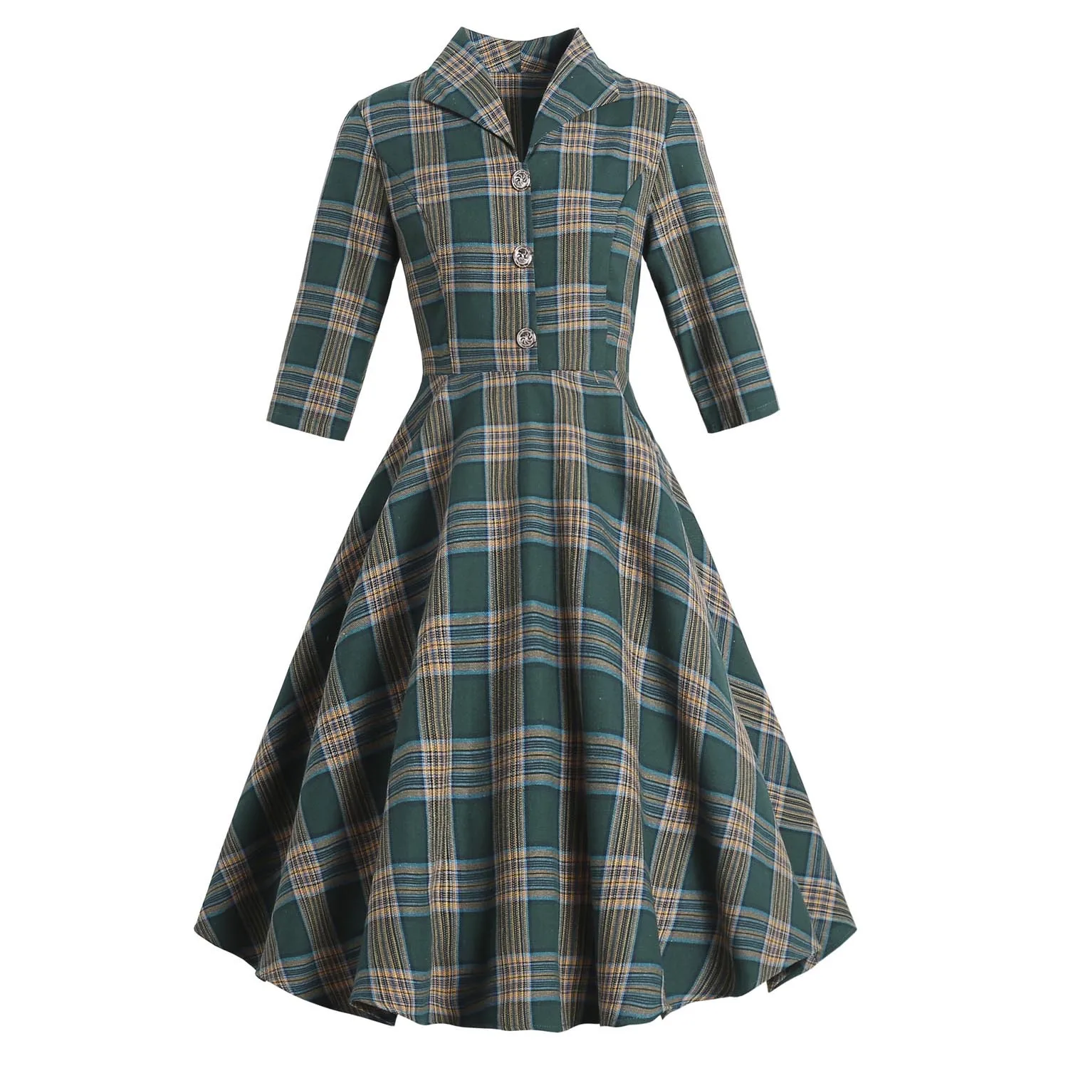 

Vintage Lapel Green Plaid Dress For Women Three Quarters Sleeves Button-up Female Robe Hepburn High Waist Midi Pleated Dresses