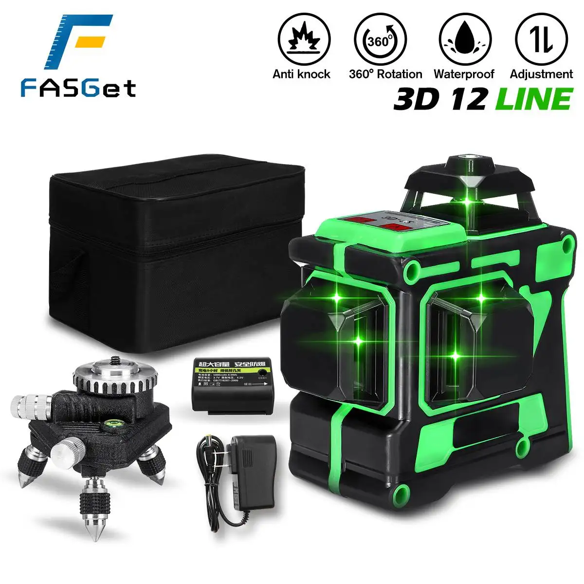 Лазерный уровень FASGet 12 линий 3D зеленая линия самонивелирующийся на 360 градусов