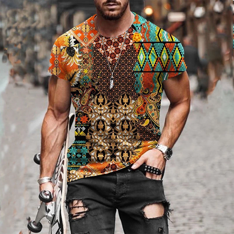 

2021 Summer Abstract O-Neck Short Sleeve Men's T-Shirt Hot Sale Men Clothing Oversized Geometric Print Pullover Tops