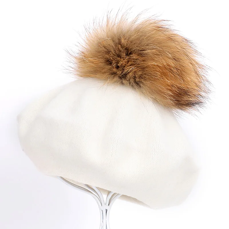 

Autumn and winter new ladies beret solid fashion raccoon fur pom-pom painter hats warm beret beanie newsboy caps for female bone
