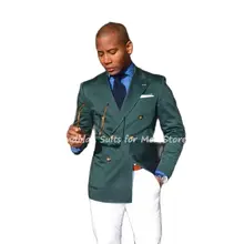Conjunto de chaqueta y pantalones para hombre, Blazer ajustado con solapa de pico, pantalón blanco, color verde oscuro, hecho a medida, para boda y fiesta, 2 piezas (3)