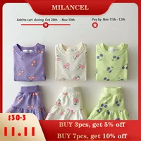 milancel 2021 baby suit cherry print set puff sleeve tees and shorts skirt 2pcs girls clothes