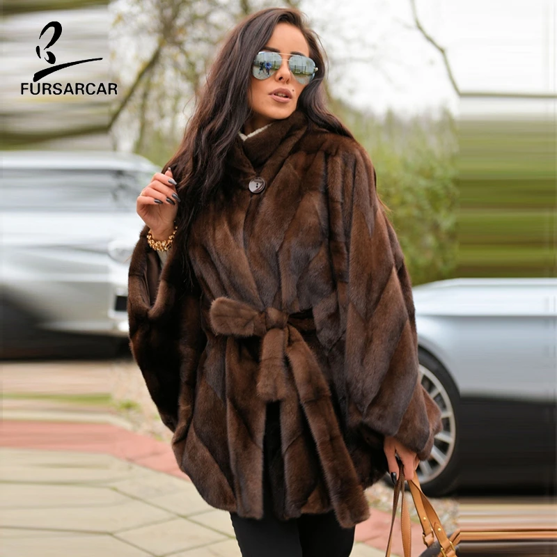 FURSARCAR новые модные женские зимние настоящие меховые шапки и шаль для женщин подлинный натуральных мех зимние Роскошные пальто с поясом