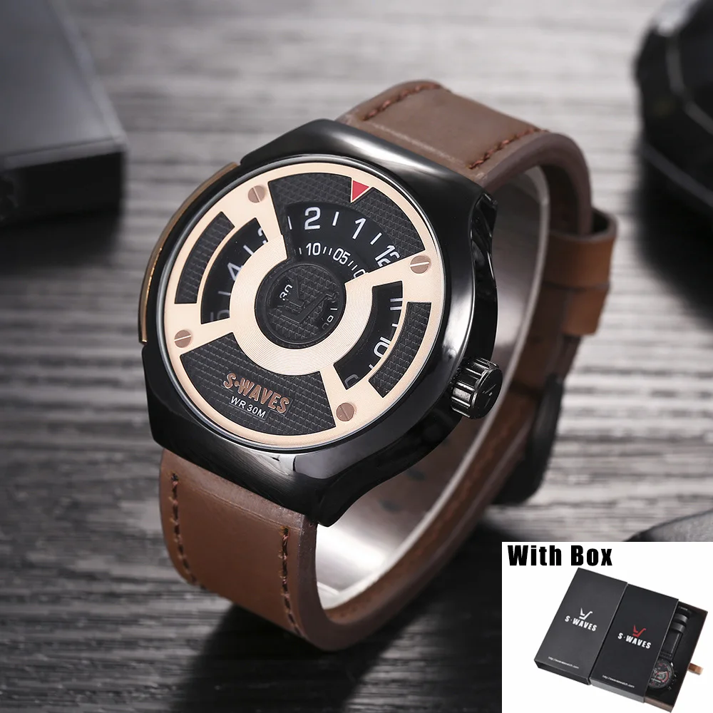 SWAVES большой бренд мужские водонепроницаемые часы Кожа Кварцевые Relogio Masculino