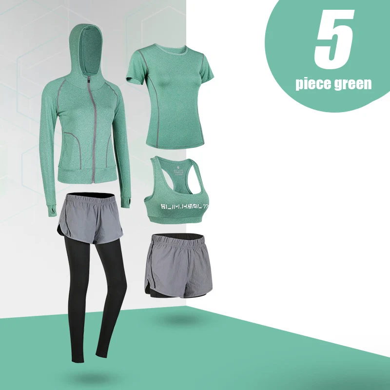 5-piece green 5 шт. Набор для йоги для женщин одежда Бюстгальтер Спортивный Бег Фитнес Женская футболка одежда для фитнеса тренировочный спортивный костюм набор - Цвет: 5-piece green