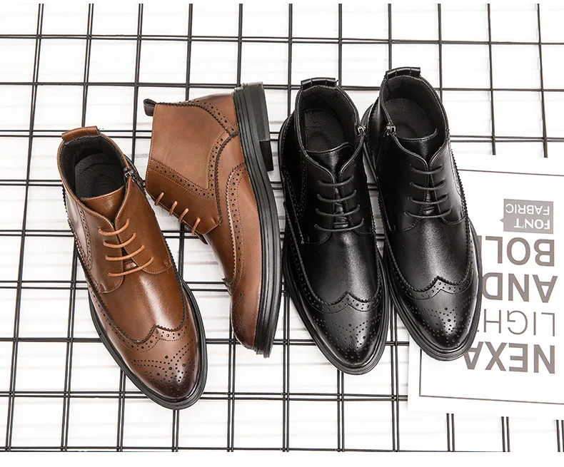 BIMUDUIYU Autumn New Men Leather Ankle Oxford Boots British Style Male Casual Lace Up Derby Shoes Fashion High Top Brogue Shoes