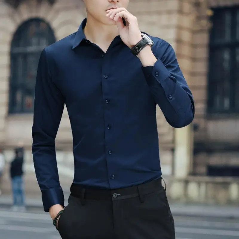

2021 Large Size Men's Business Casual Long Sleeved Shirt White Blue Black Smart Male Social Dress Shirt Plus