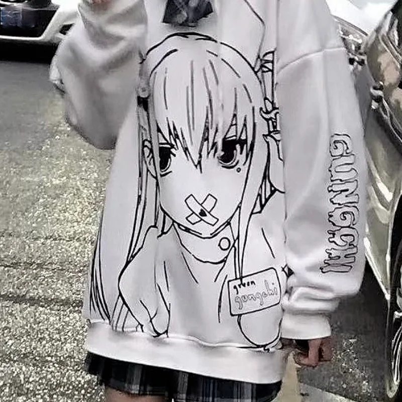 

QWEEK Harajuku Anime Hoodies Women 2021 Autumn Winter Japanese Streetwear Oversized Hoodie Sweatshirt Long Sleeve White Top 2021