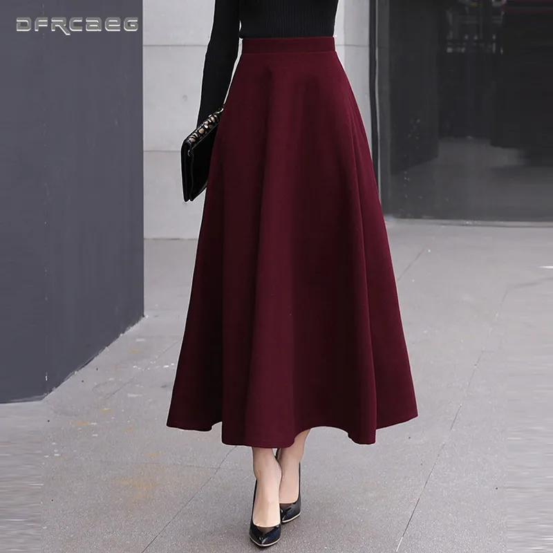 

Winter Woolen High Waist Long Skirts Women's Elegant Lady Office Wool Pleated Skirt Casual Saia Longa Wine Red