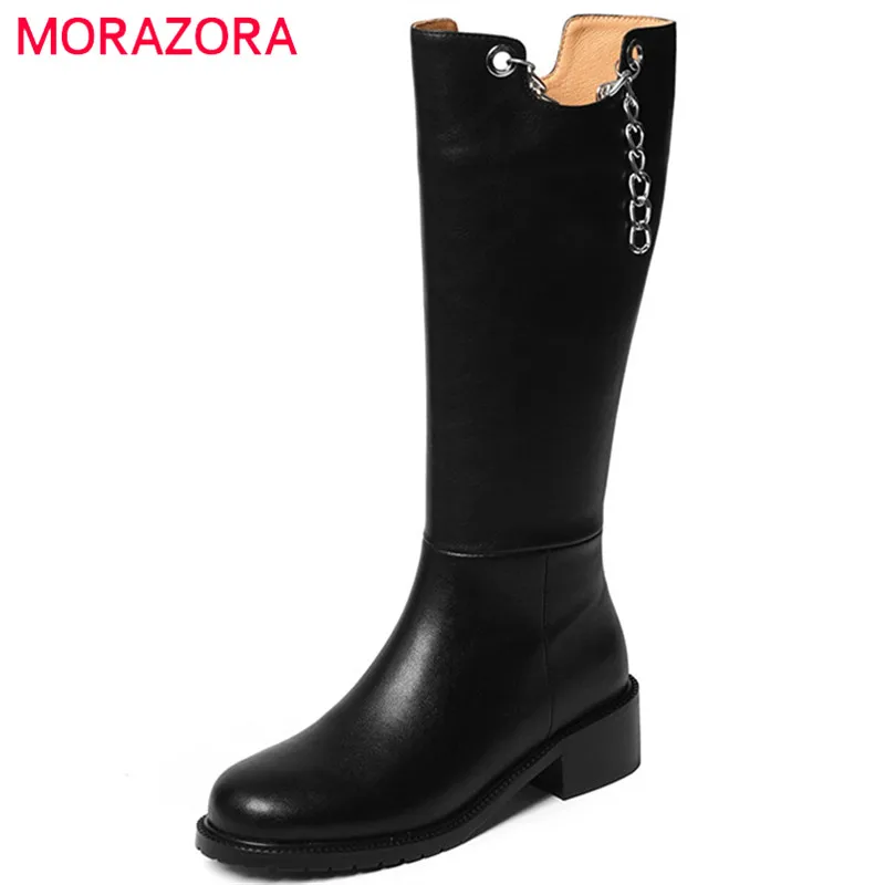 

MORAZORA 2022 New Fashion Motorcycles Boots Women Genuine Leather Boots Chain Low Heels Casual Shoes Zip Women Knee High Boots