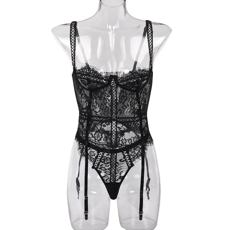 

Lace Lingerie Set See Through Bra Garter Belts Panties Outfits Hot Baby Doll Exotic Sexy Nightwear Women Hollow Wear Clothing