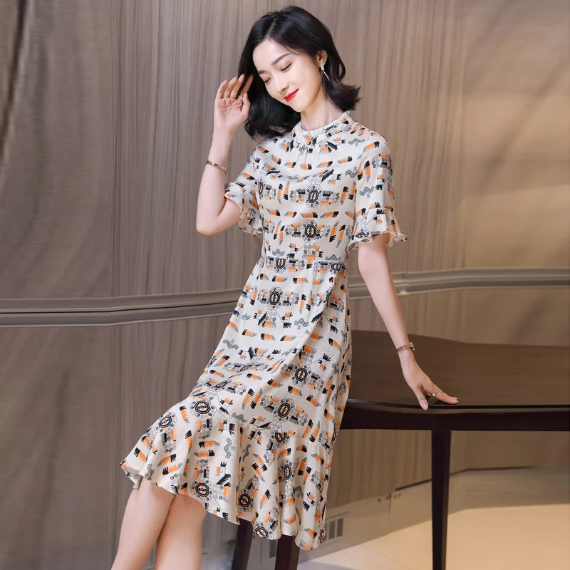 

Silk dress, mulberry silk short sleeve French tea break skirt, summer dress, waist closing, thin medium length skirt, intellectu