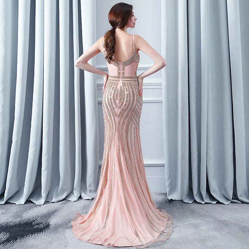Robe De Soiree Вечерние платья Русалка Тюль Спагетти ремень открытая спина развертки бисером реальное изображение Выпускные платья LSX116