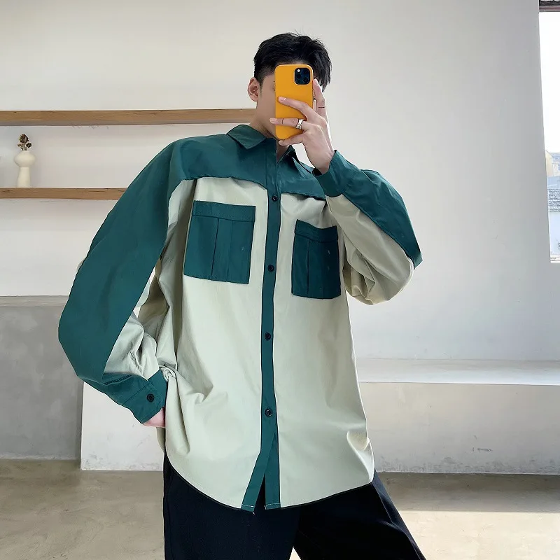 

Men Vintage Splice Color Loose Casual Bat Long Sleeve Shirt Oversize Japan Korea Streetwear Hip Hop Fashion Show Shirt Male