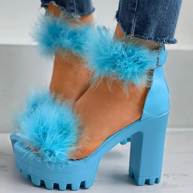 

Party Ladies Block-heeled Platform Sandal Plain Fluffy Ankle Strap Chunky Heels
