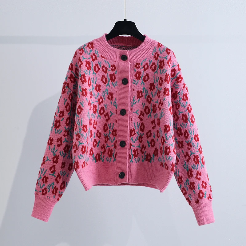 

Винтажный жаккардовый свитер, кардиган на осень и зиму 2021, утепленная теплая женская верхняя одежда с круглым вырезом и длинными рукавами, п...