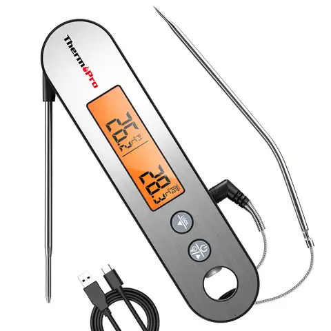 Цифровой Кухонный Термометр ThermoPro TP610 для мяса, измеритель температуры 2 в 1 со складным и проводным 2 щупами для мяса, перезаряжаемый, с подсв...