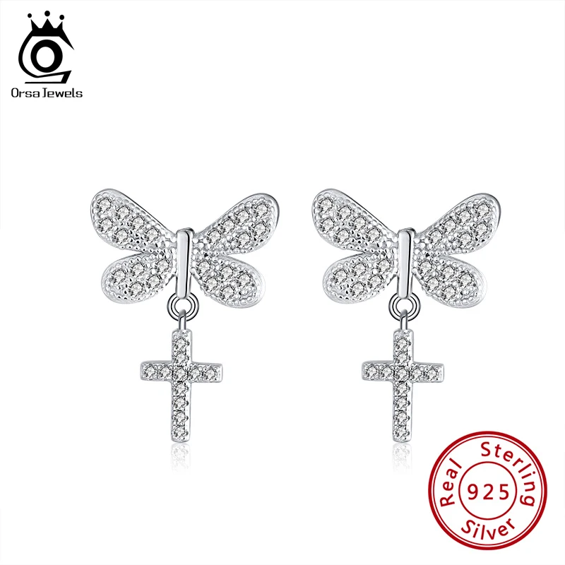 ORSA JEWELS Серебро 925 милые животные бабочка длинные висячие серьги с цирконием AAAA