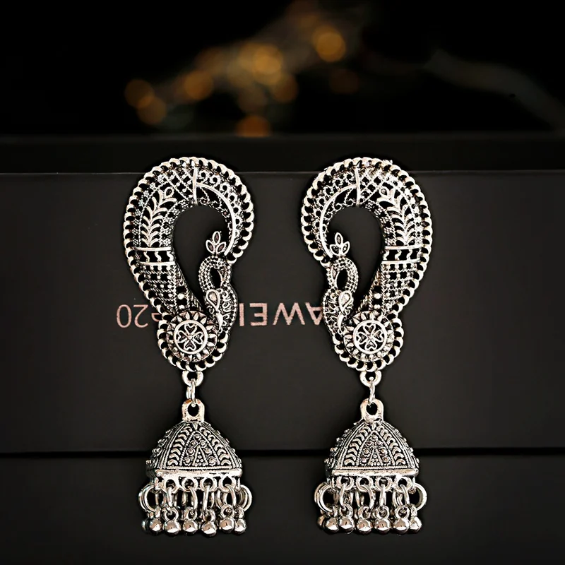 

Egypt Vintage Silver Color Gypsy Afghani Tassel Indian Jhumka Earrings Women Bohemian Retro Peacock Tibetan Earrings Oorbellen