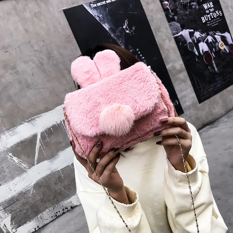 

Weysfor Vogue Faux Fur Plush Crossbody Bags For Women Rabbit Ears Cute Bags Chain Messenger Bag Ladies Handbags Purses Bolsas