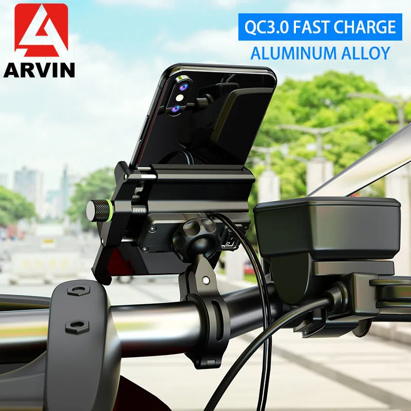 arvin qc3 0 aluminum motorcycle phone holder stand with usb charger handlebar charging bracket for 3 7 inch mobile phone mount free global shipping