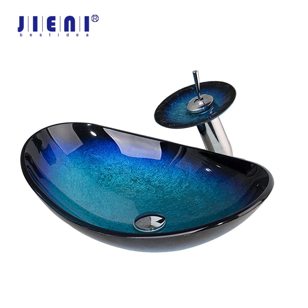 

JIENI Hand Painted Blue Tempered Glass Basin Sink Washbasin Faucet Set Bathroom Counter top Washroom Vessel Vanity Sink Mixer