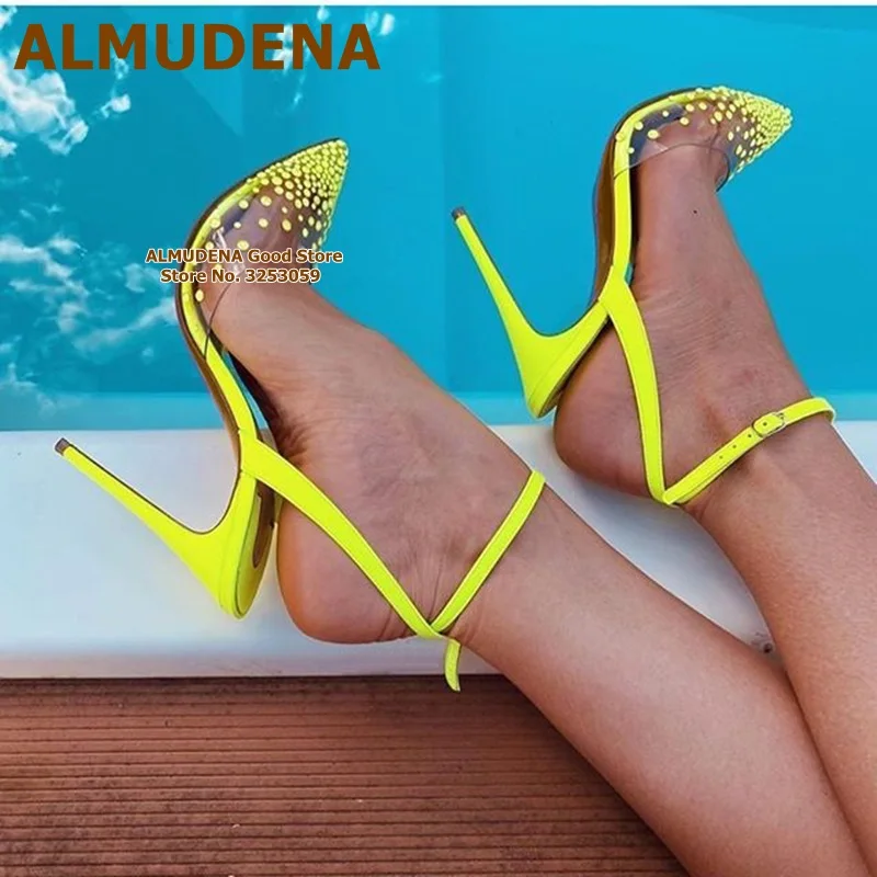 

ALMUDENA Bling Bling Crystal Wedding Shoes Neon Yellow High Heel Slingback Dress Pumps Transparent PVC Gladiator Shoes Size43