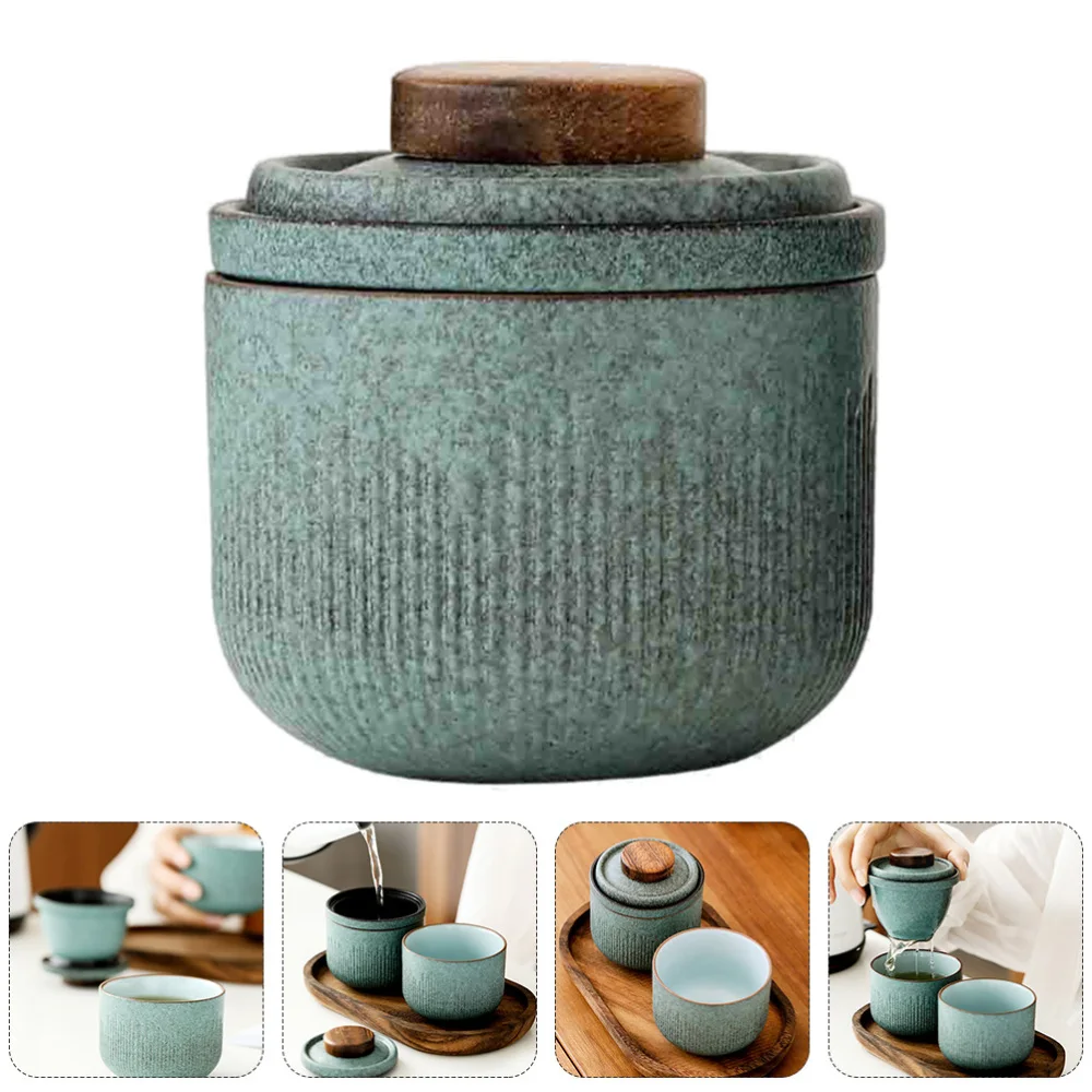 

1 Set Ceramic Tea Service Travel Tea Cup Portable with Carrying Case (Matcha Green)