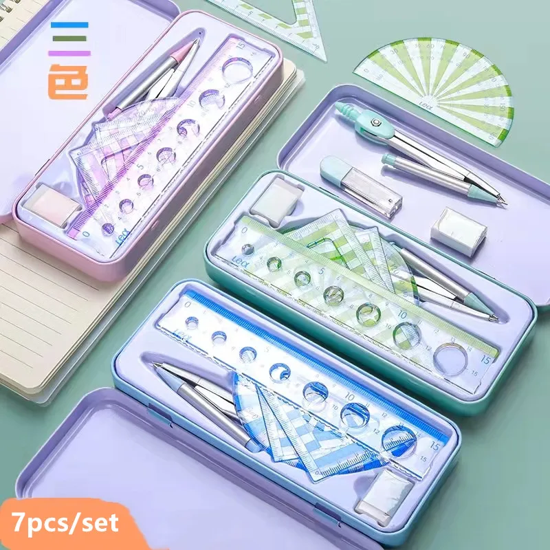 

7 шт./коркорт. Линейки инструмент для математического геометрического рисования студенческие канцелярские линейки компас транспортир офис...