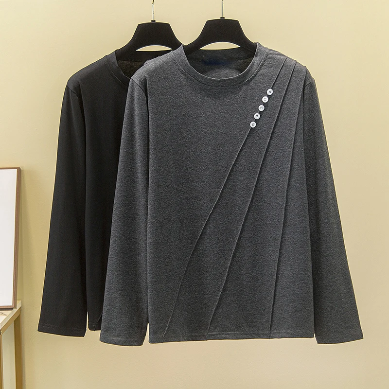 

Nkandby Plus Size Cotton Tshirt 2021 Autumn Korean 100KG Women Loose Long Sleeve T-shirt Solid Color Oversize Basic Tops Female