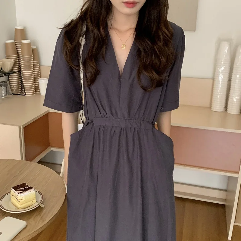 

ZHISILAO Rose Red Long Dress Women Midi Vintage Solid Party High Waist V-neck Dresses Plus Size Summer 2021 Vestido Elegant