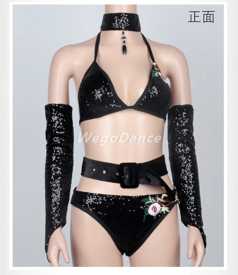 

Sexy Women Cosplay Costume Bar Leading Dance Team Black Sequin Embroidery Bikini Rhinestones Flower Mesh Headgear Set