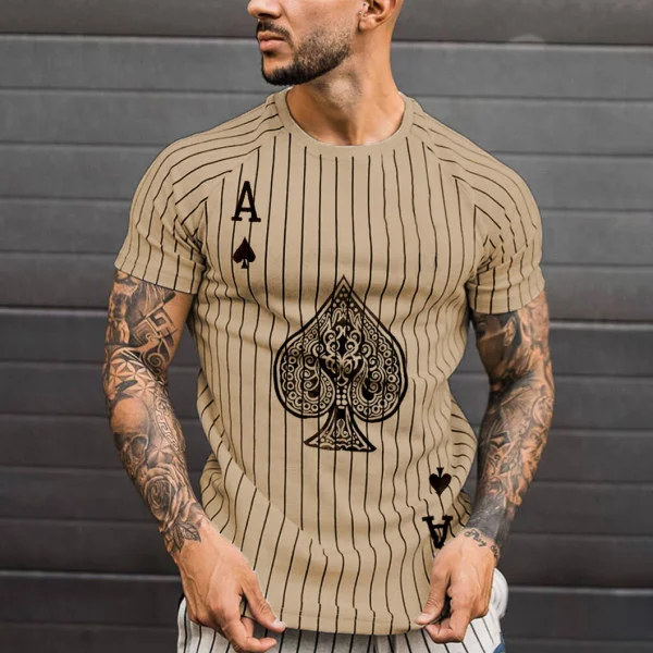 

Shirt for Men Stripped Tshirt Summer Men Clothing Streetwear Round Neck Shirt Fashion Poker Print Short Sleeve T-shirts Tops