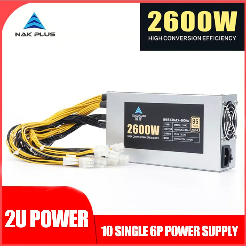 2600W ETH Mining Machine Power Supply 10 x 6pin 95% Efficiency 2U Single PC Power Supply Support Multi-GPU For Bitcoin Mining