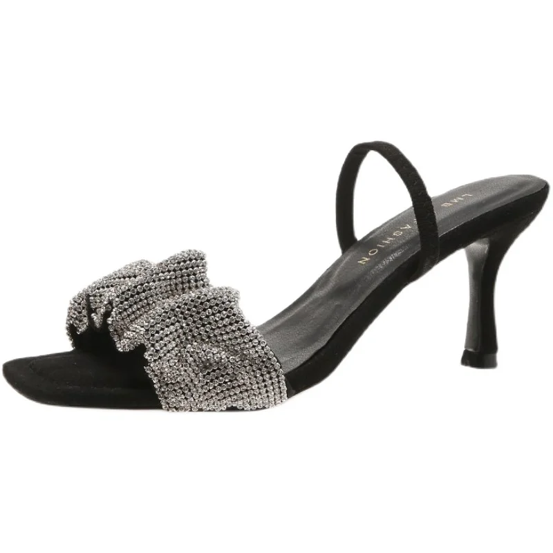 

Slippers Casual Glitter Slides Female Shoes Thin Heels Square Toe Heeled Mules Luxury Jelly 2021 Soft High Rubber Pumps Scandals