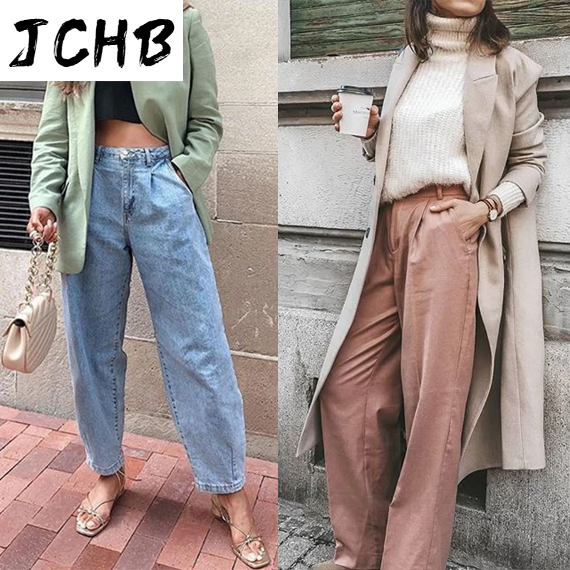 

SHZQJCHB Women Streetwear Pleated Mom Jeans High Waist Loose Slouchy Jeans Pockets Boyfriend Pants Casual Ladies Denim Trousers