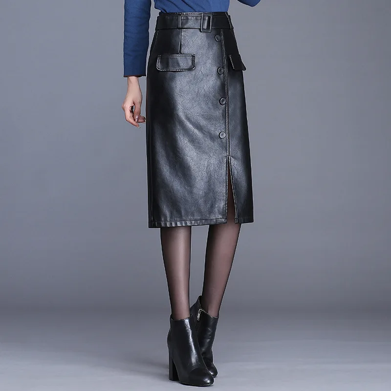 Женская длинная юбка из ПУ кожи с завышенной талией | одежда