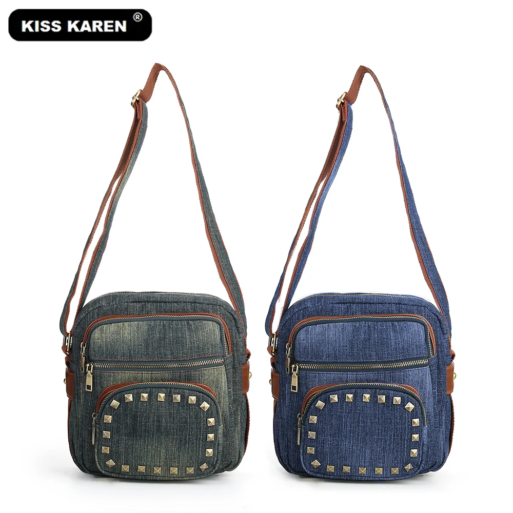 

KISS KAREN Vintage Fashion Studded Women Shoulder Bags Durable Denim Women's Messenger Bag Jeans Cross-body Satchels Bag