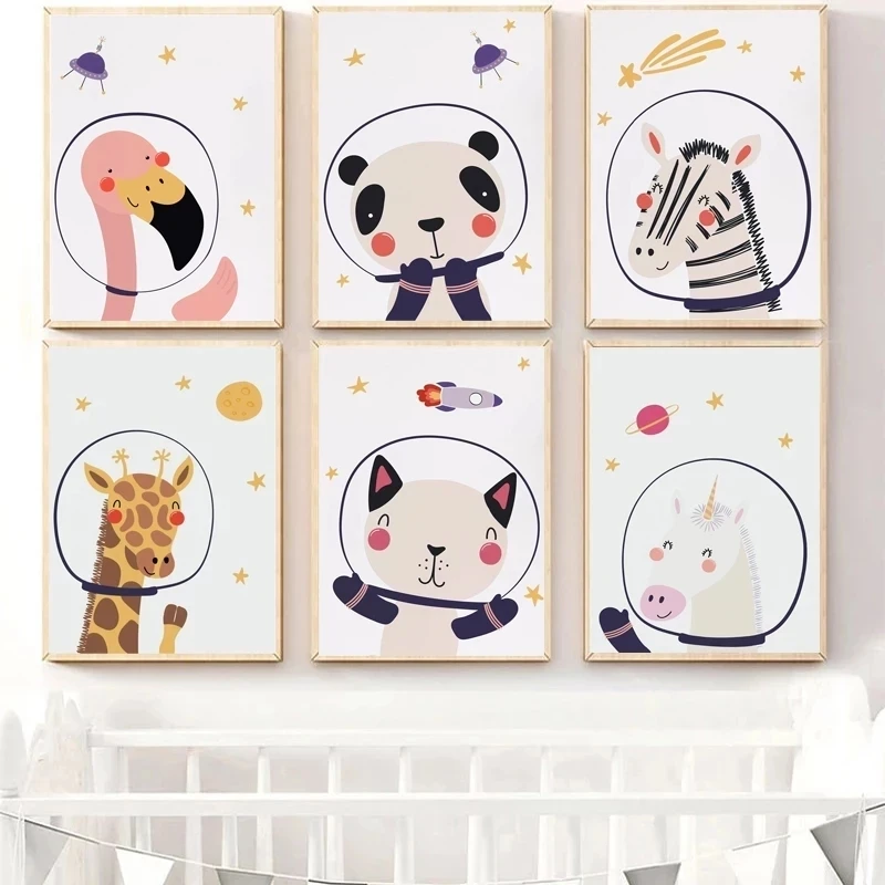 

Cartoon Astronaut Animals Modern Wall Art Canvas Poster and Print Panda Giraffe Flamingo Cat Zebra Unicorn Home Decor Painting