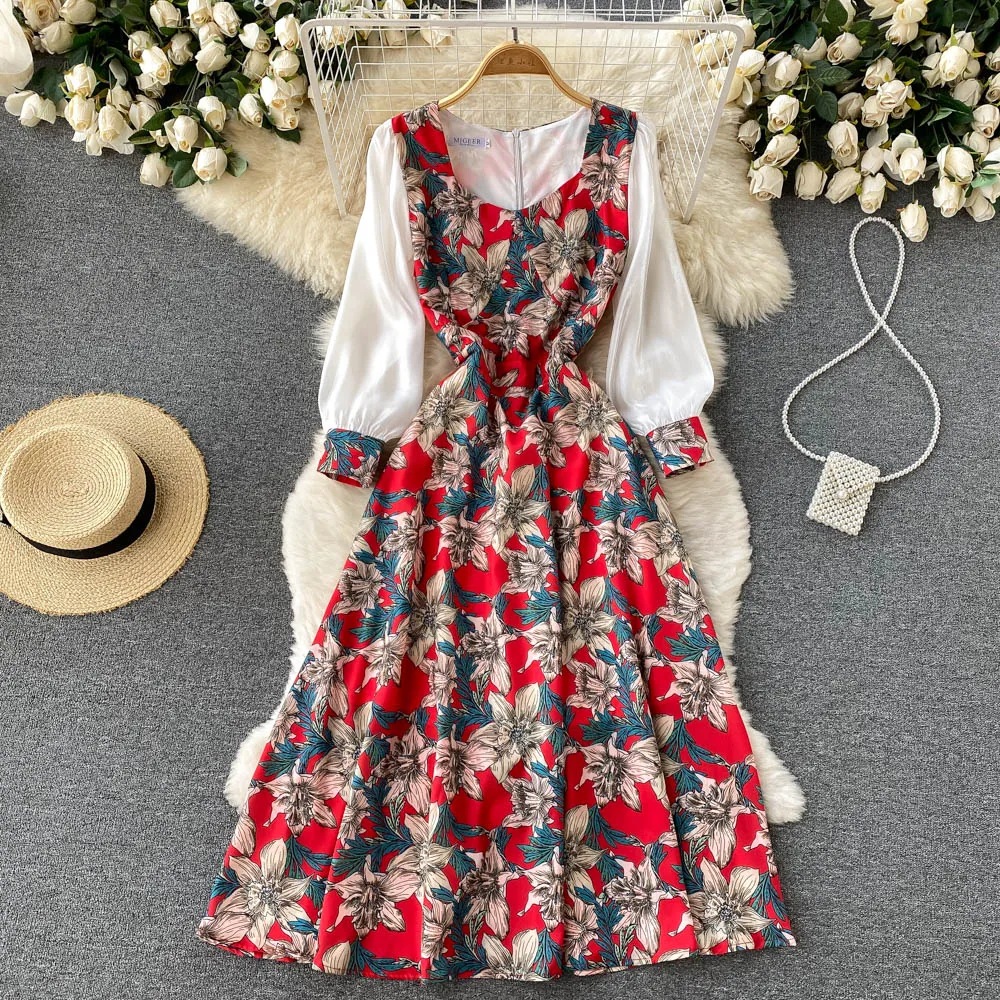 

C593 Women New Fashion Western Style Autumn Square Neck Retro A-line Chiffon Floral Print Long Sleeve Dress Elegant Vestidos