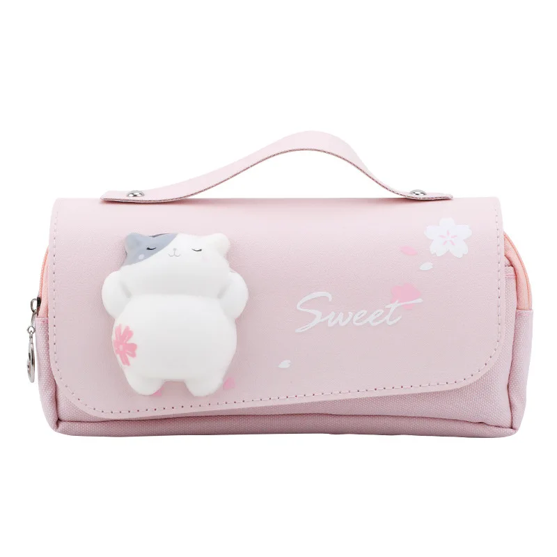 

3D Small Cat PU Pencil Case Kawaii Student Large Capacity Storage Bag Double Canvas Pen Bag School Supplies for Kids Gift