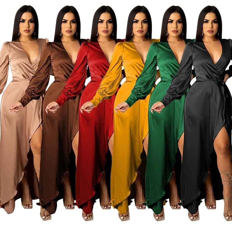 

Women Fashion Solid Polyester Silk Long Dress Sexy Deep V Neck Bandage Front Split Irregular Bodycon Nightclub Party Dress