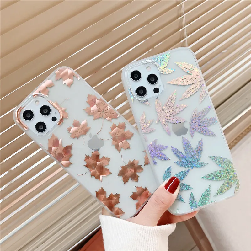 Electroplated Fashion Leaves Glitter Phone Case For iPhone 11 12 Mini Pro X XR XS Max 8 7 Plus SE 2020 Clear Soft IMD Back Cover