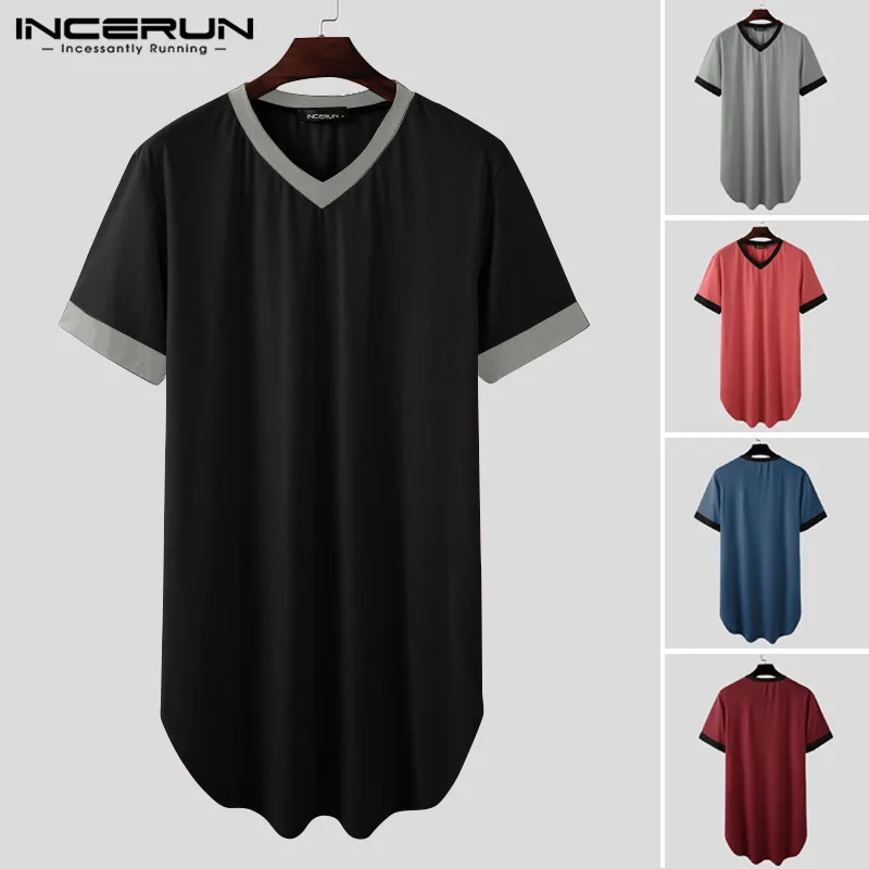 

Men Nightgown Sleep Robes Short Sleeve V Neck Loose Comfortable Homewear Patchwork Dressing Gown Men Bathrobes Plus Size INCERUN