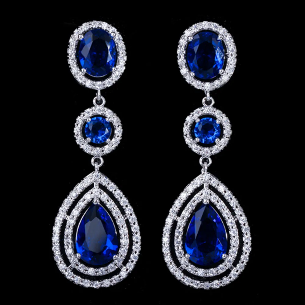 ThreeGraces элегантные Micro Pave AAA+ CZ камень Длинные Большой Королевский синий кристалл свадебные серьги, ювелирные изделия для невест E0113