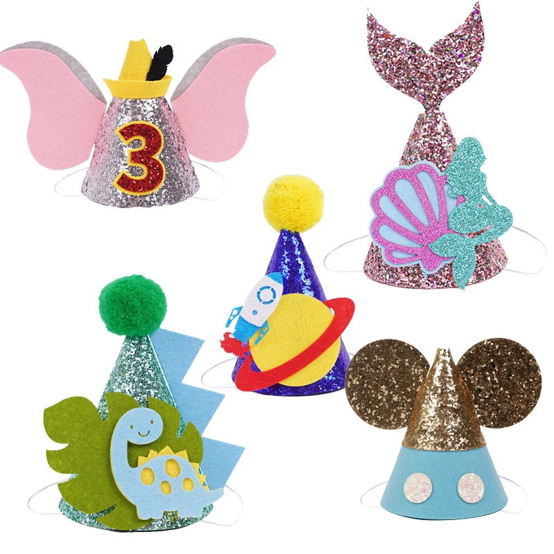 

Kids Happy Birthday Hat Party Crown Dinosaur Space Shark Mermaid Hairband Girl Boy First Shower Prop Cap