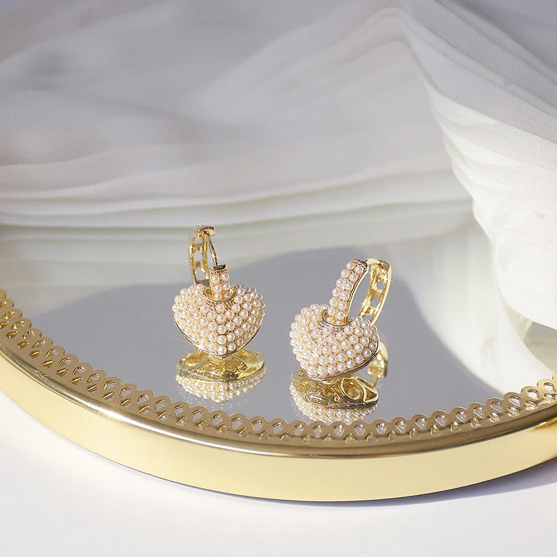 

High Quality 14K Real Gold Heart Pearl Earrings for Women Top Designer Luxury Jewelry AAA Zirconia S925 Silver Needle Removable