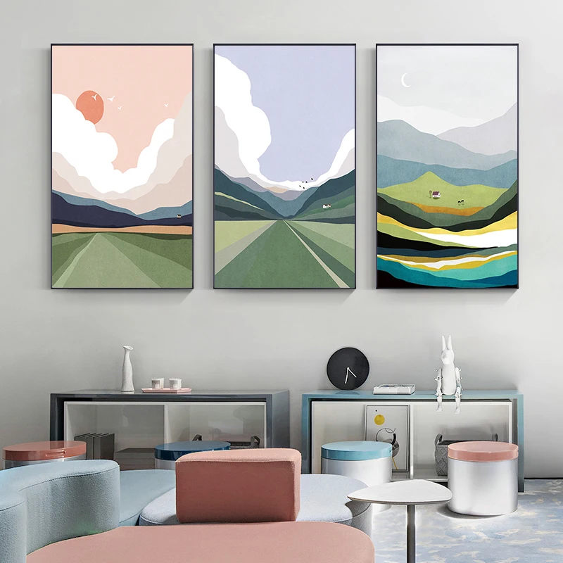 

Nordic Abstract Landscape Wall Art Canvas Painting Rural Mountain Poster Print Wall Picture for Living Room Modern Home Decor